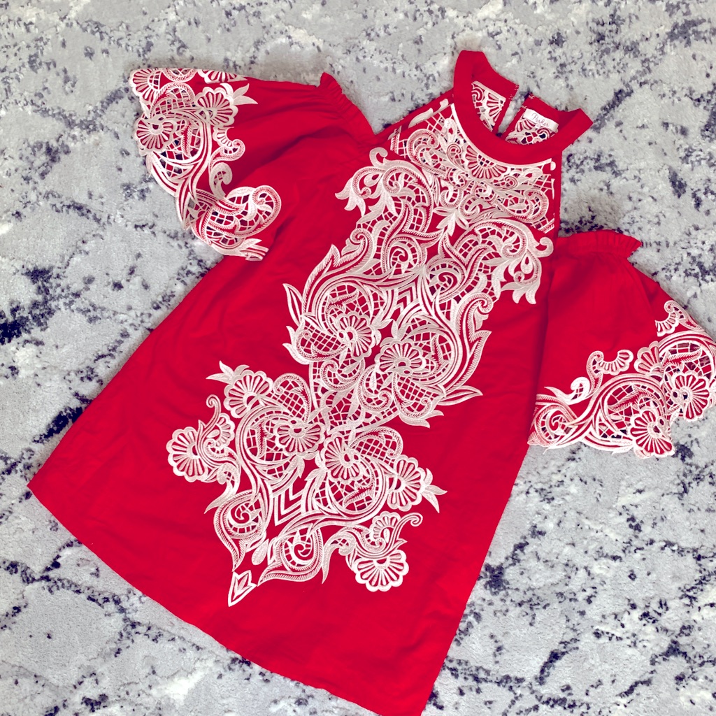 Parker Red Embroidered Cold-Shoulder Shift Dress - Small